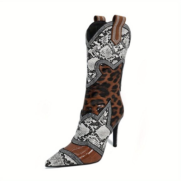 Women's slim high heels, color blocked rhinestones, winter midsole boots - Picture 1 of 7